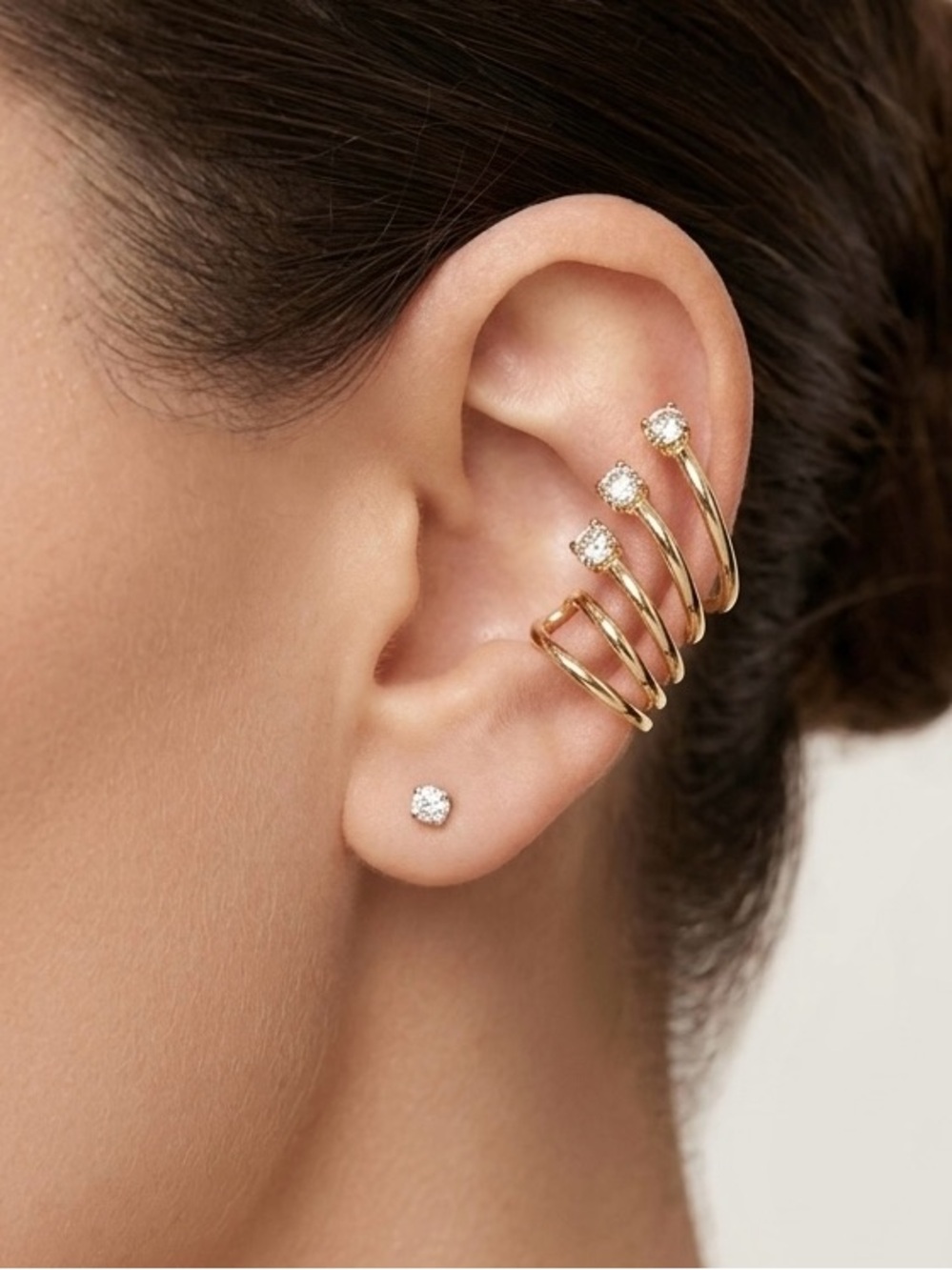 14k Gold Plated Triple CZ Stone Ear Cuff | Stacked Look No Piercing Wrap Earring